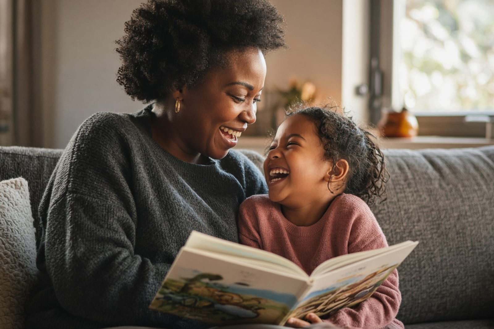 A parent and child laughing together over a picture book on the sofa