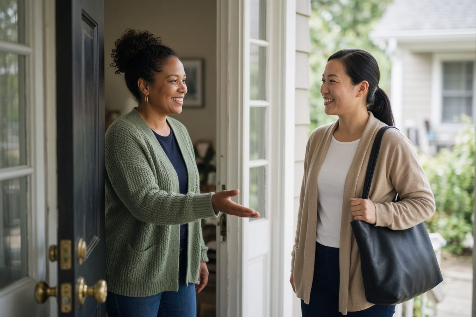 A parent welcoming a visiting therapist at the front door
