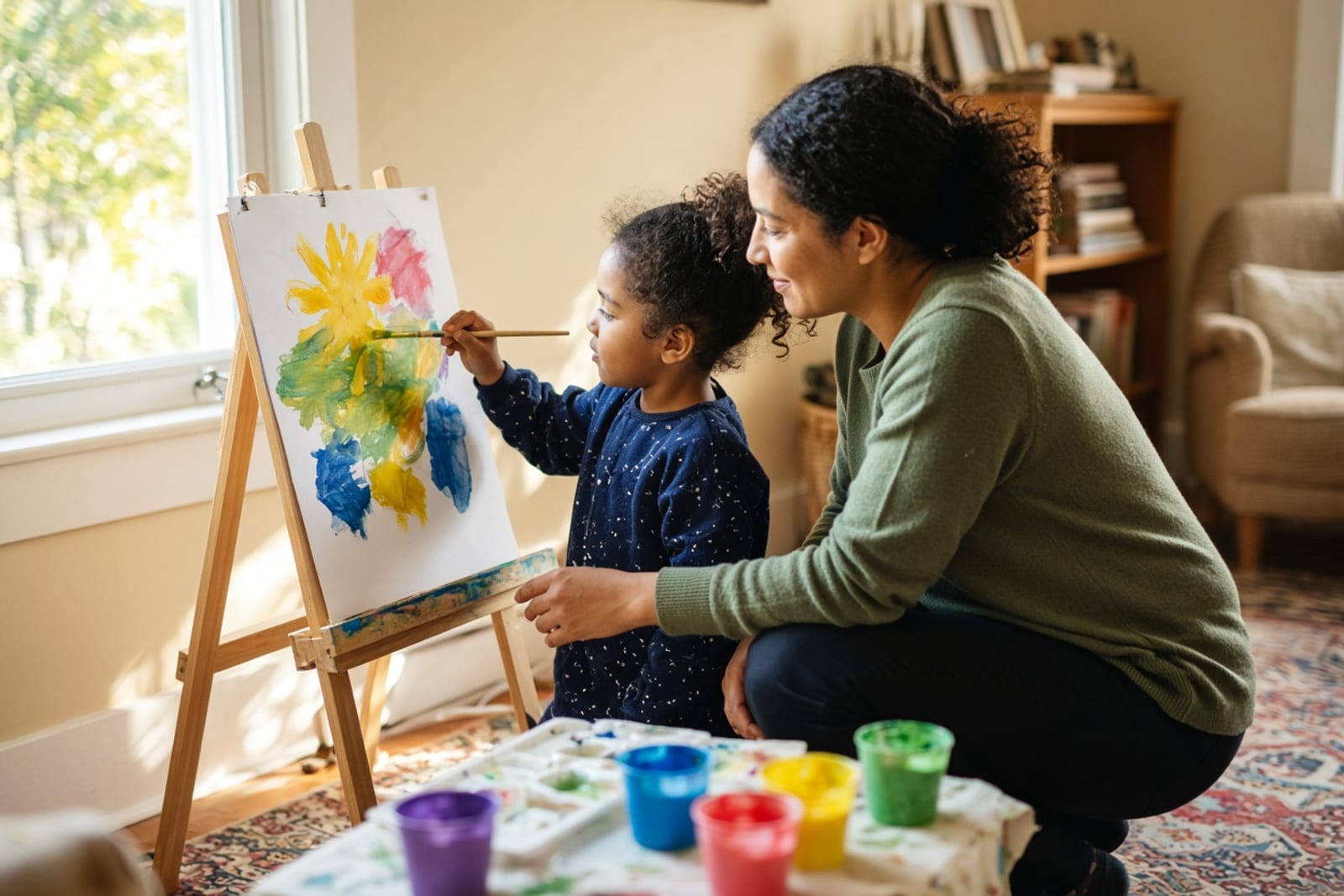A child painting at an easel while an adult steadies the paper