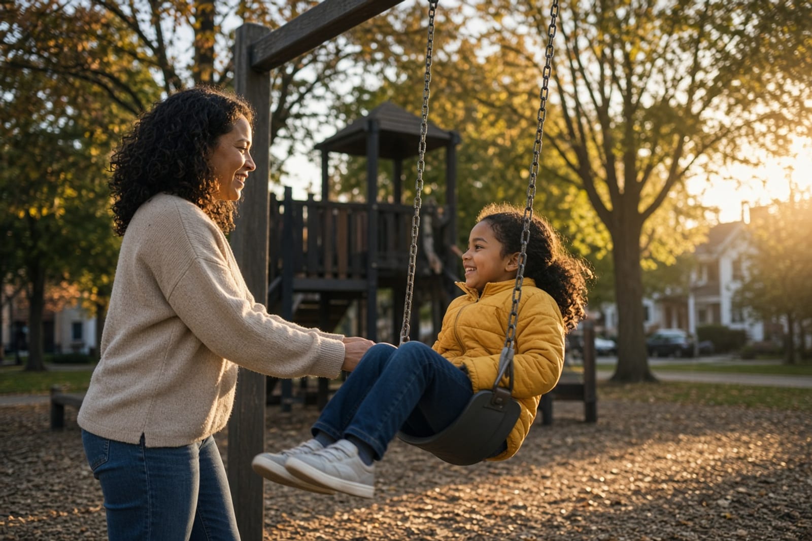 A parent pushing their child on a swing at a neighborhood playground